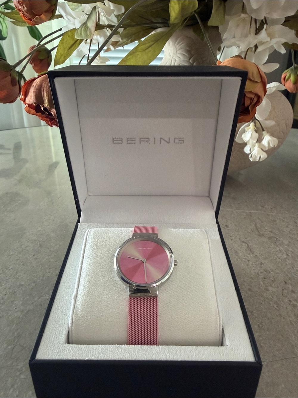 BERING Pink Sunray Dial Women's Mesh Strap Watch